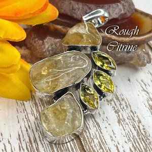 Rough Citrine Pendant Handmade 925 Silver Ethnic Long Faceted